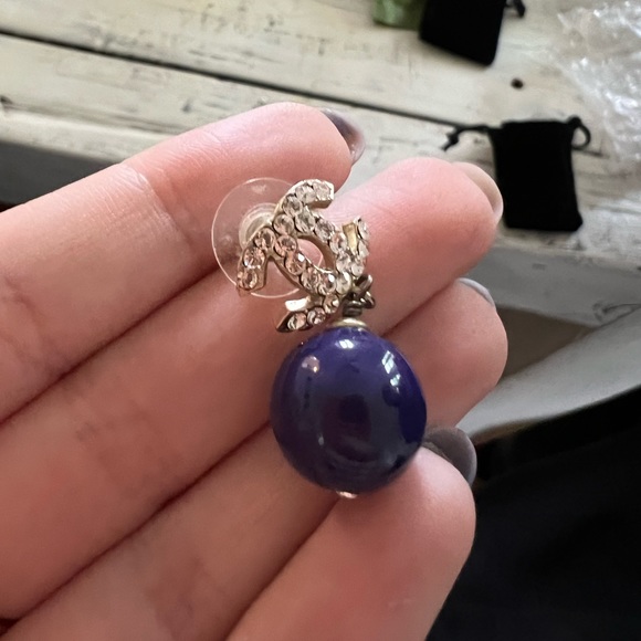 Blue Crystal Silver Cc Logo Stone Swarovski Dangle Drop Pearl Ball 07a Earrings - Picture 2 of 3